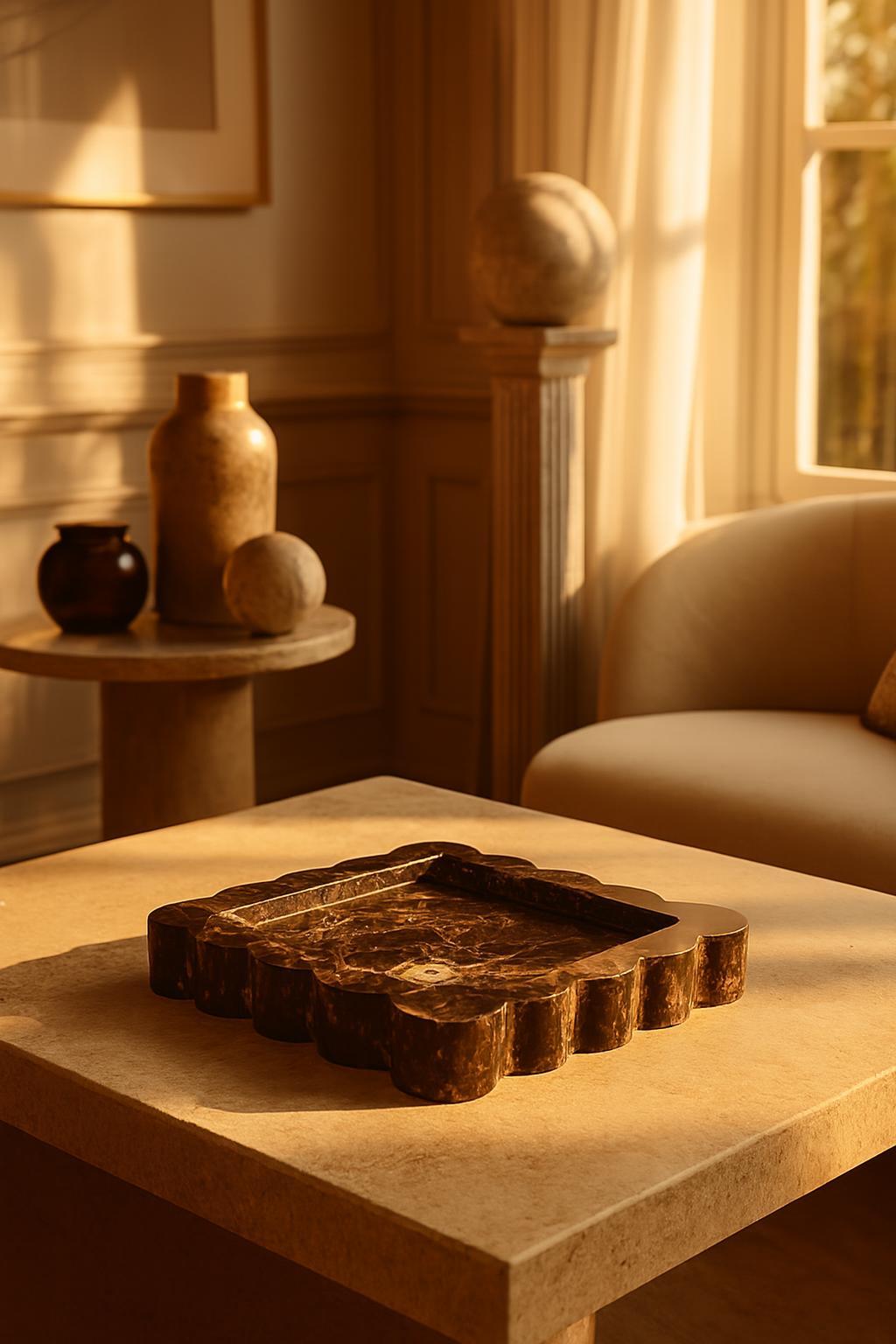 Plateau carré en marbre marron forme scallop 2