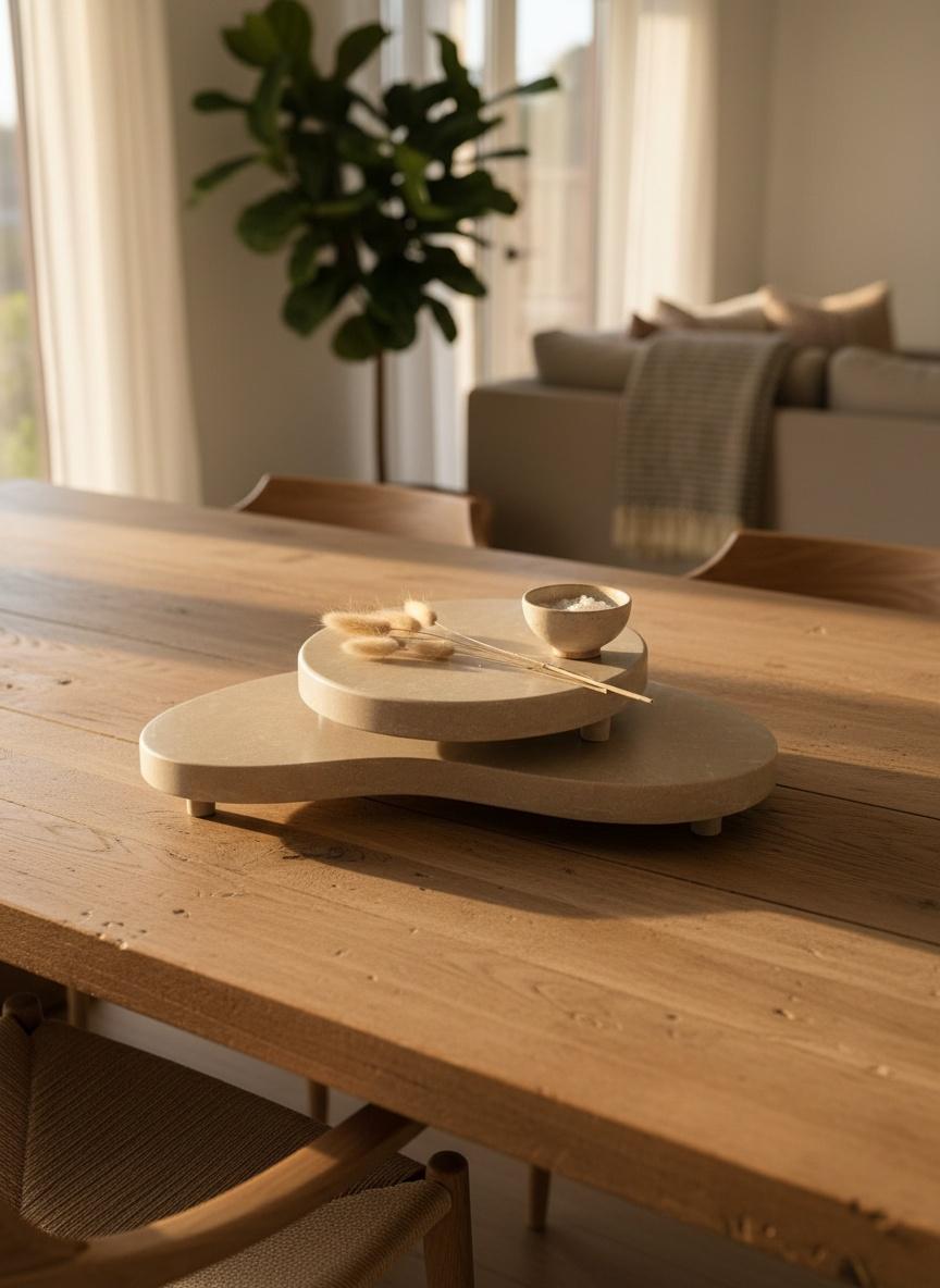 2 Supports forme organique et rond en marbre beige