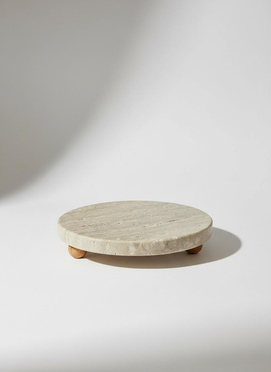 Round travertine marble stand with wooden legs 2