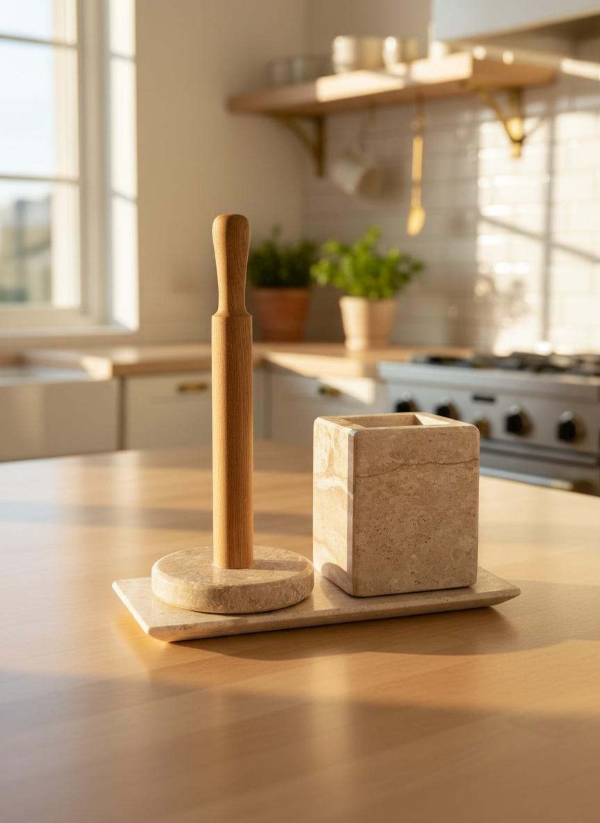 3pcs Beige Marble Kitchen Accessories Set