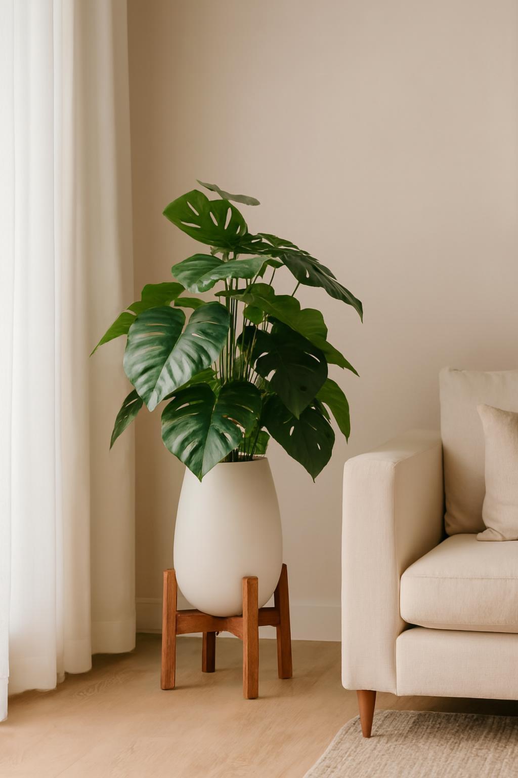 Monstera Artificielle  Avec Grand Pot en Céramique et Support en Bois 3