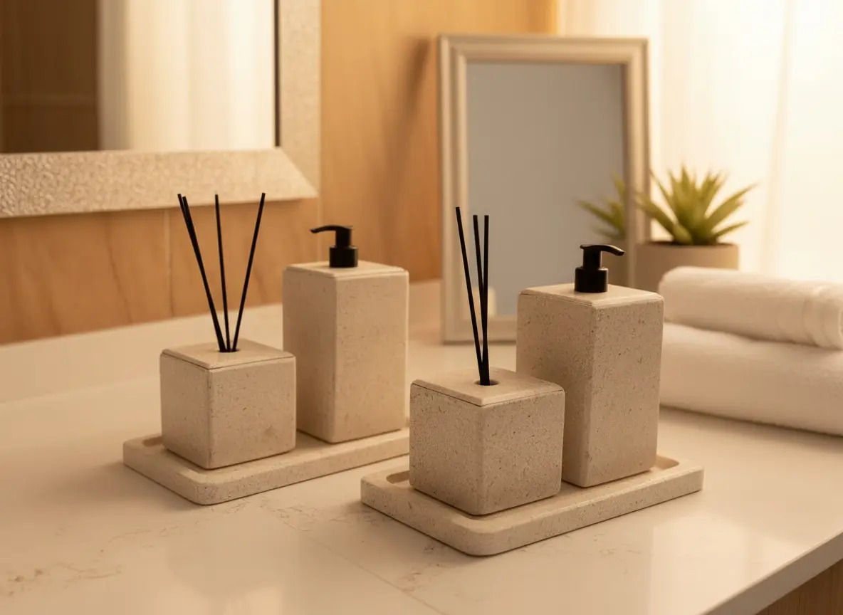 Série de 3pcs accessoires salle de bain en marbre beige avec plateau rectanguilaire