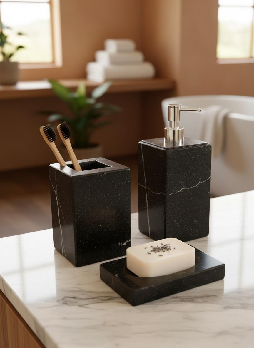 Série de 3pcs accessoires salle de bain en marbre noir