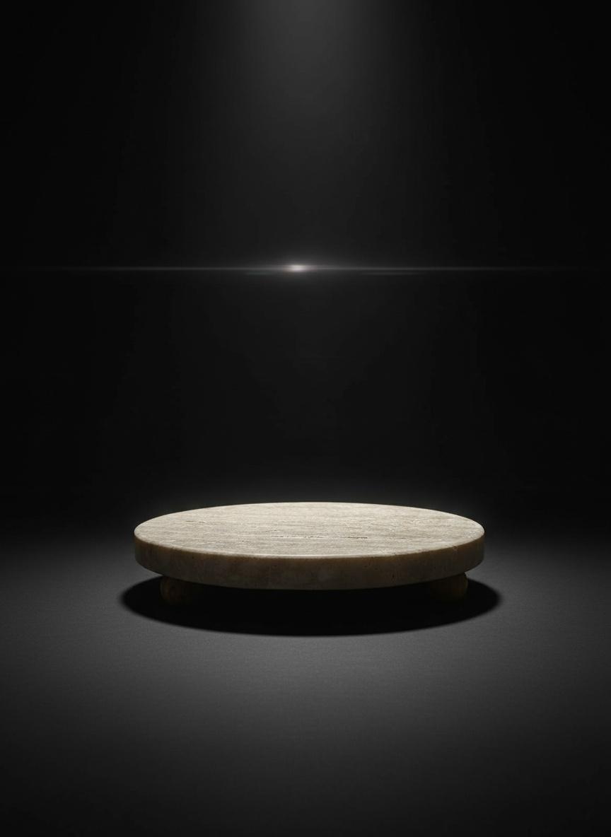 Round travertine marble stand with wooden legs 3