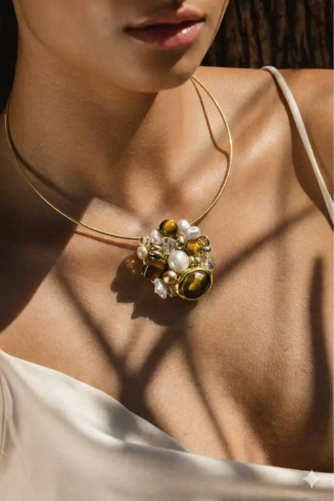 Collier ELISA œil de tigre et perles
