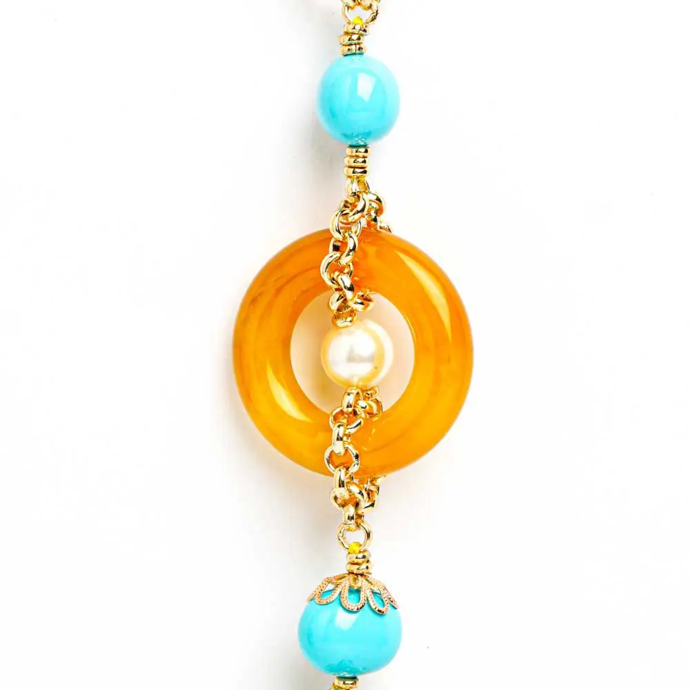 Sautoir POMPONA, Agate miel et Turquoise
