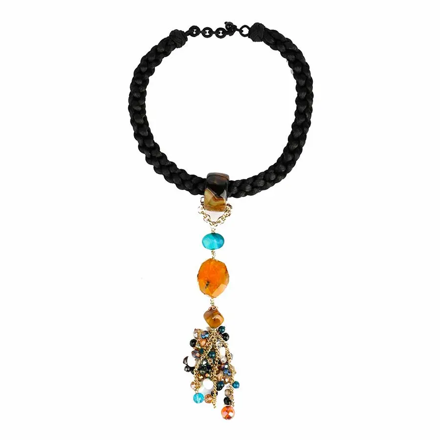 Collier AFRICANA Cordon soie noir et Agate bleue