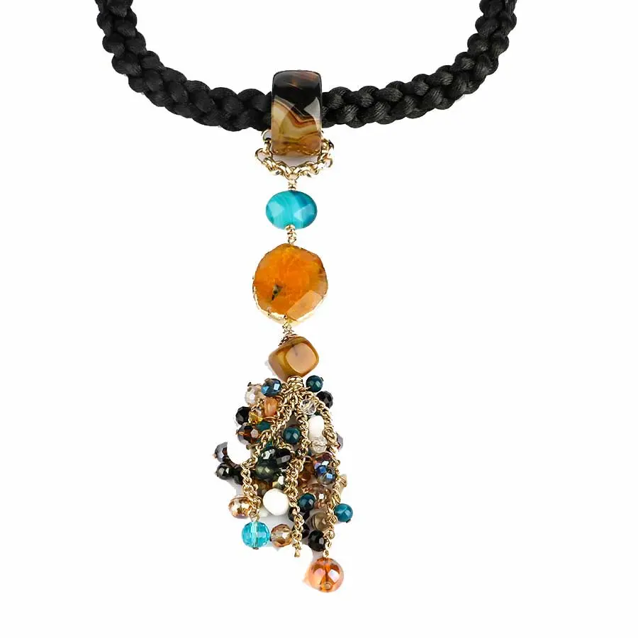 Collier AFRICANA Cordon soie noir et Agate bleue