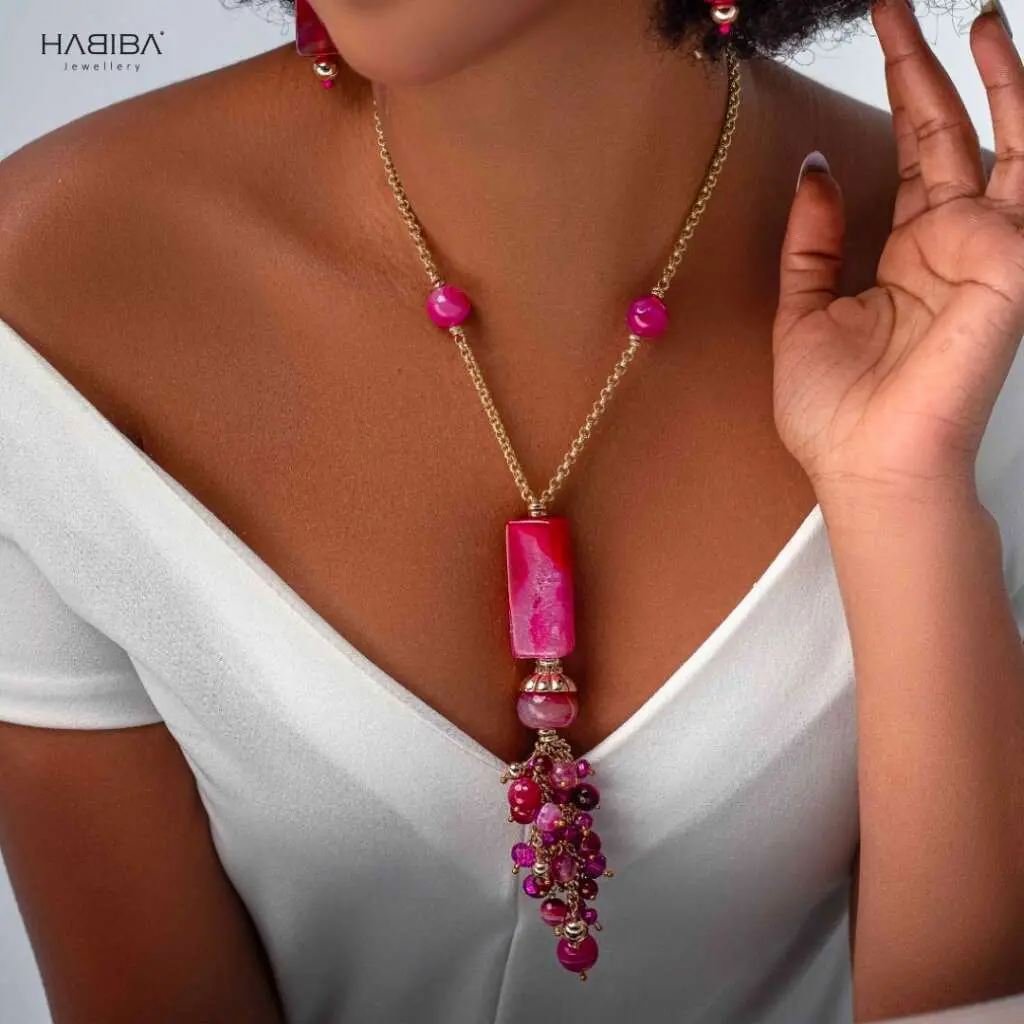 sautoir POMPONA en agate rose