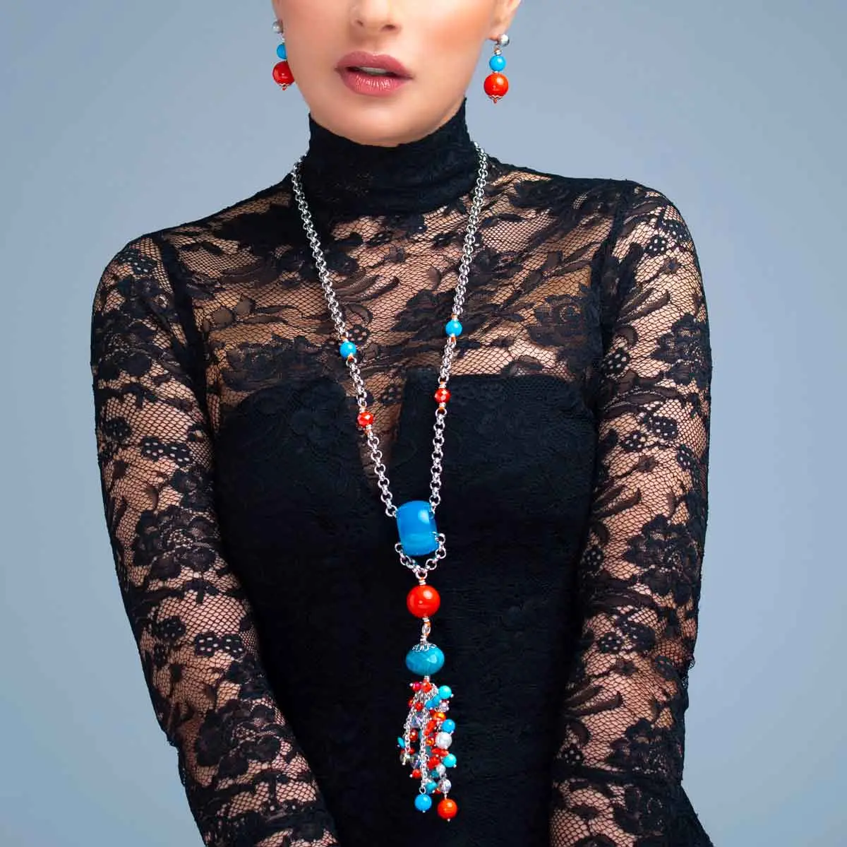 Collier POMPONA, Opaline bleue et Corail
