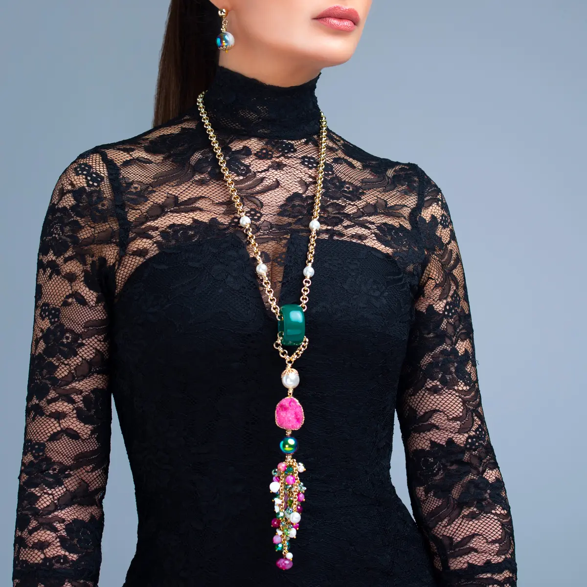 Collier POMPONA, Agate vert et mauve