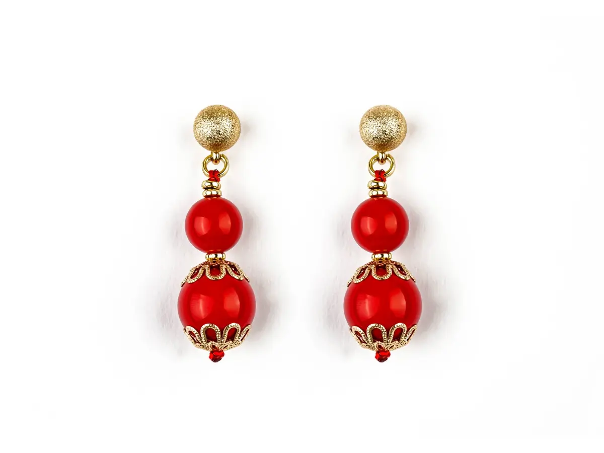 Boucles d'oreilles ,ROMANCIA, deux perles rouges