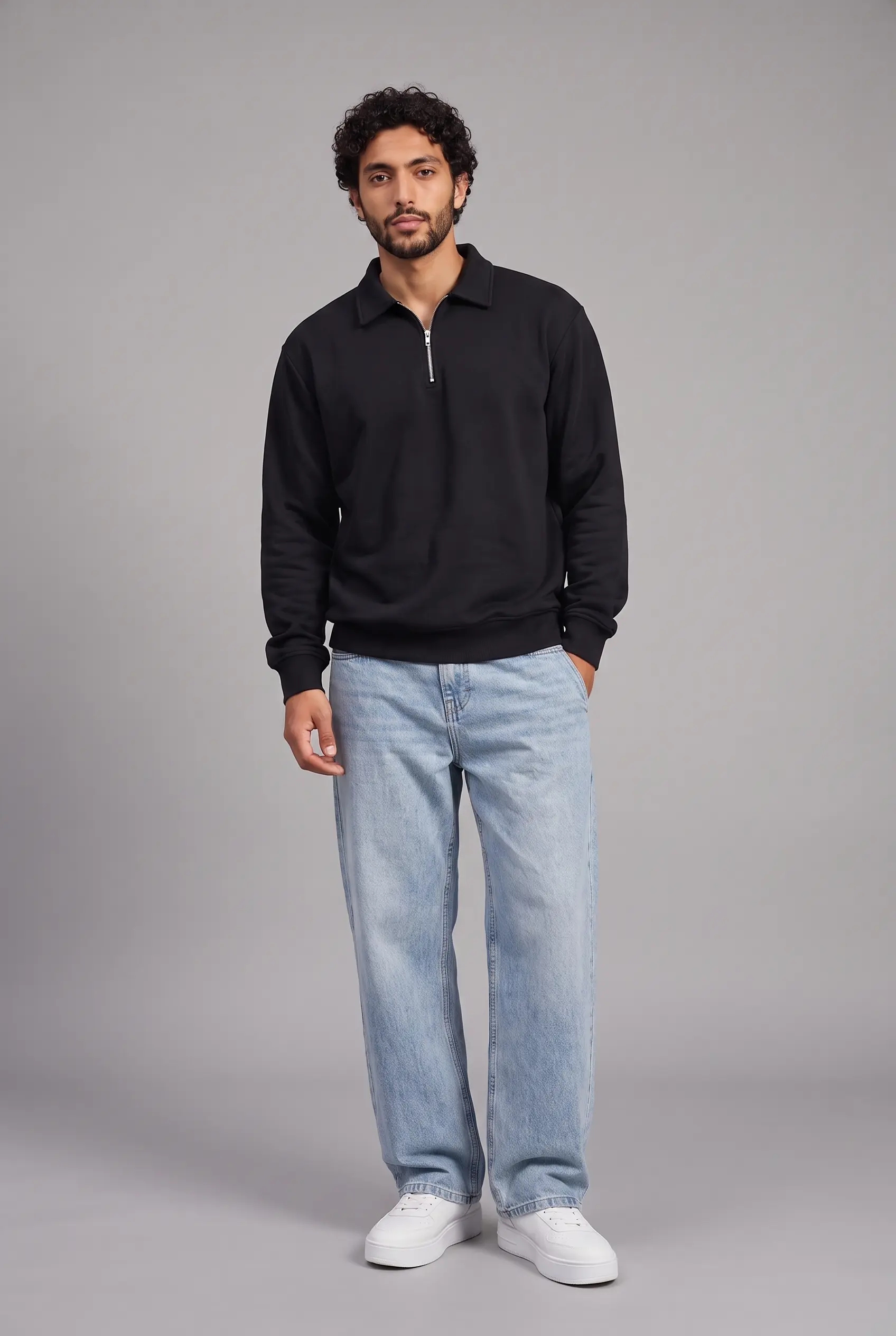 Set Sweat Col Zip Noir & Jean Large Bleu 2