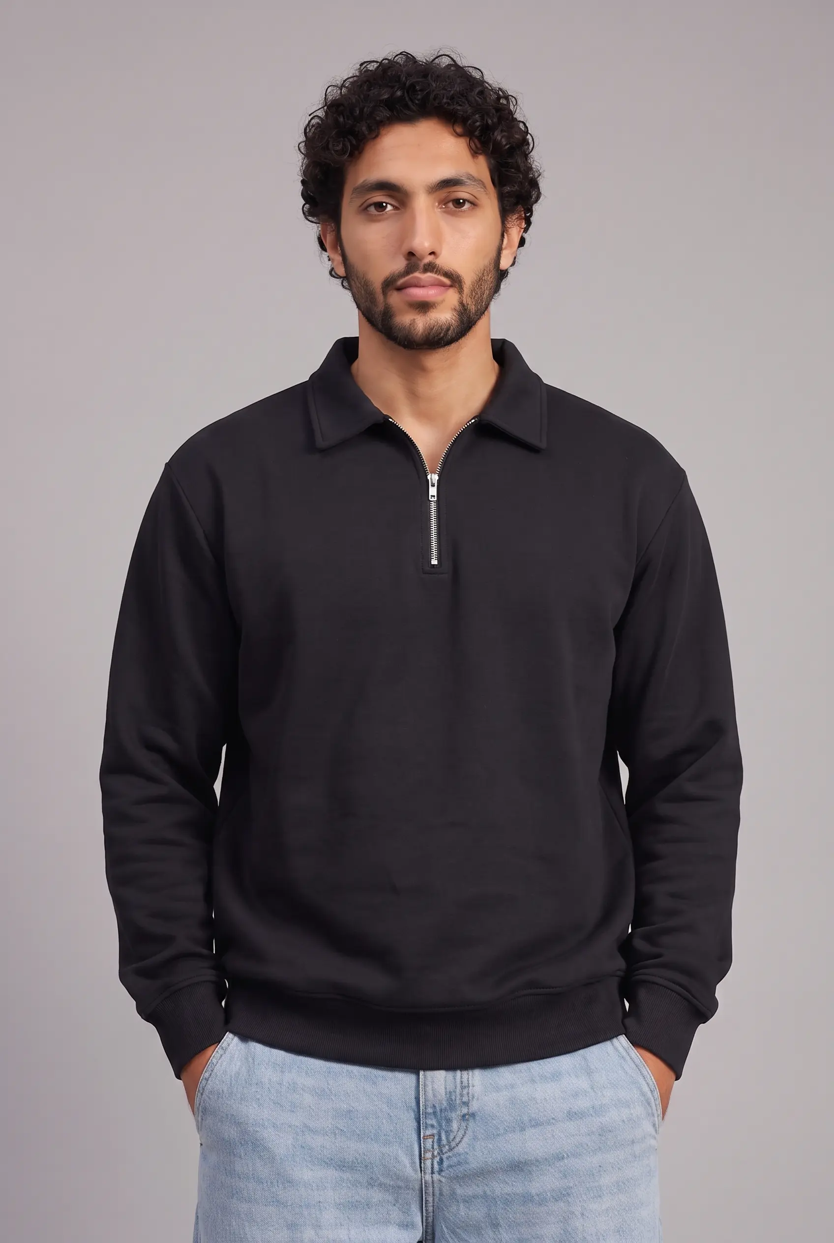 Set Sweat Col Zip Noir & Jean Large Bleu 3