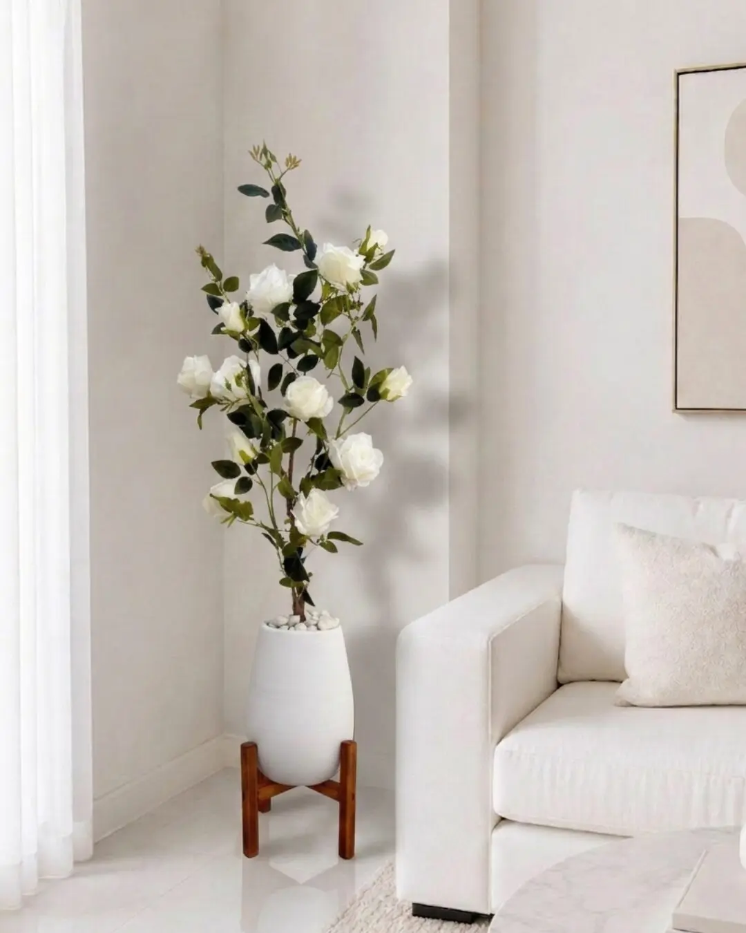 Rosier Blanc Artificiel sur Support en Bois