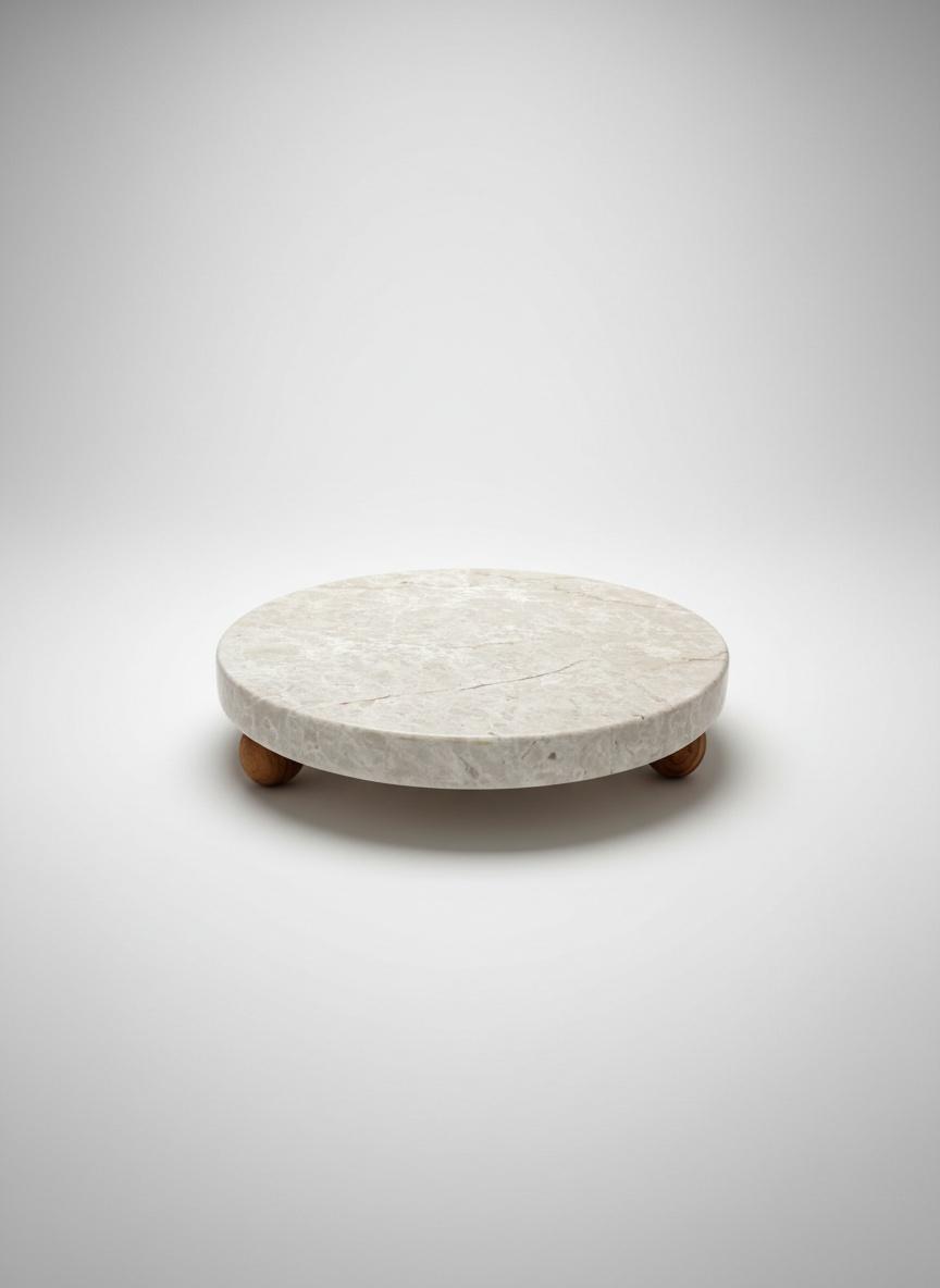 Round Beige Marble Stand with Wooden Legs