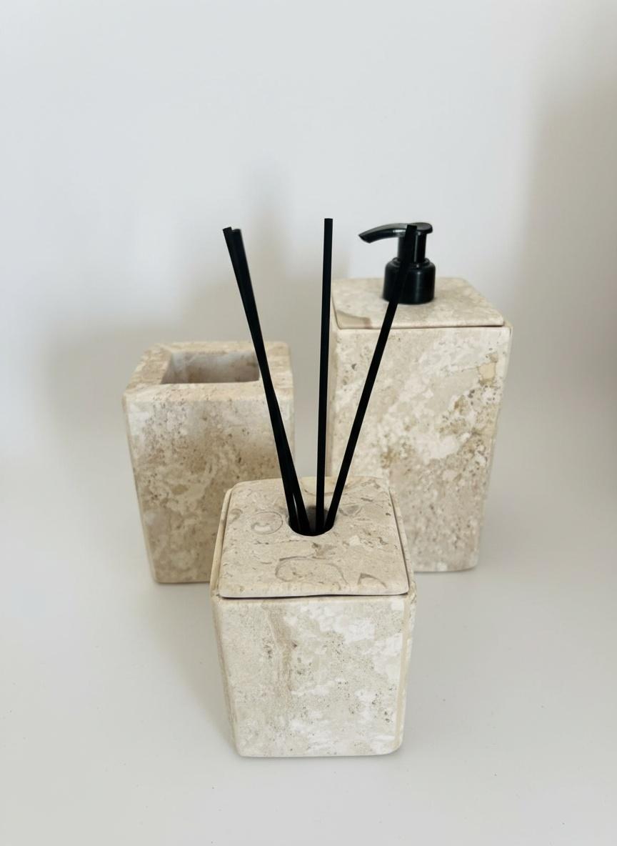 Set of 3 Beige Marble Bathroom Accessories