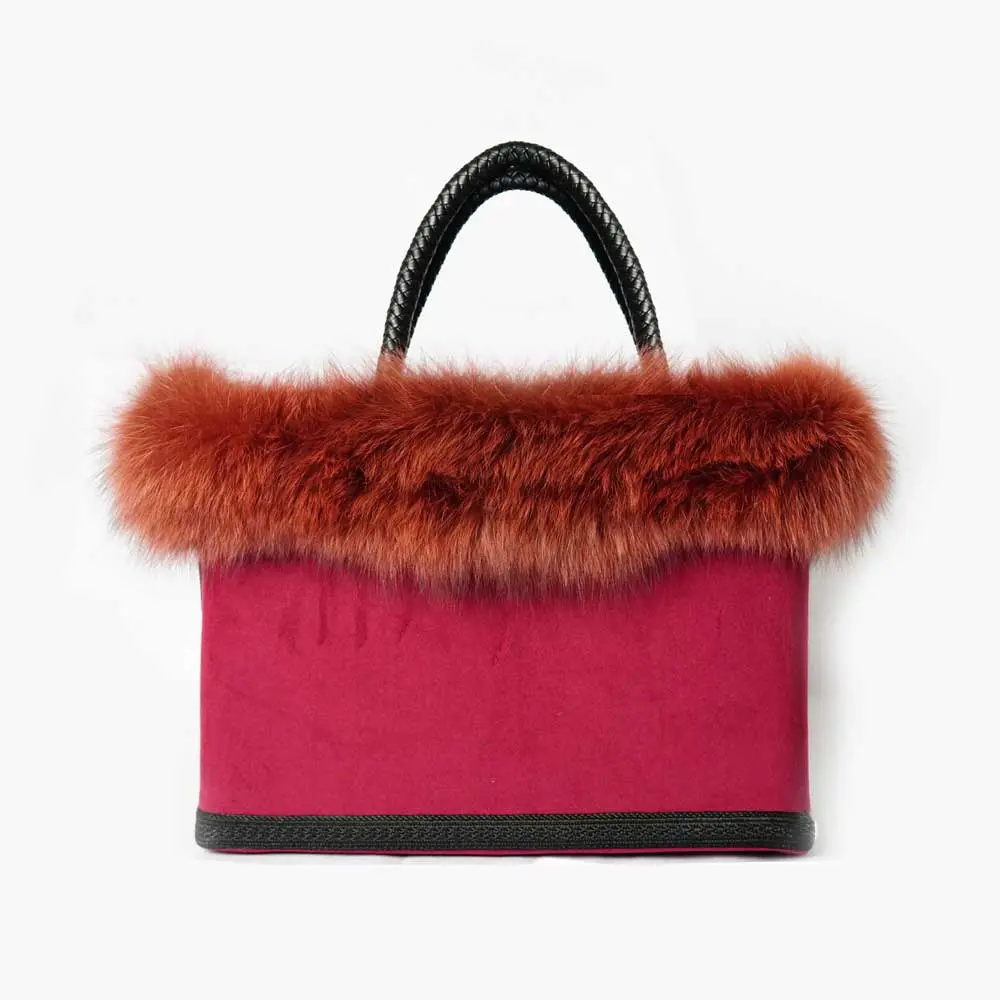 SAC À MAIN EN VELOUR ROUGE ET FOURRURE ORANGE