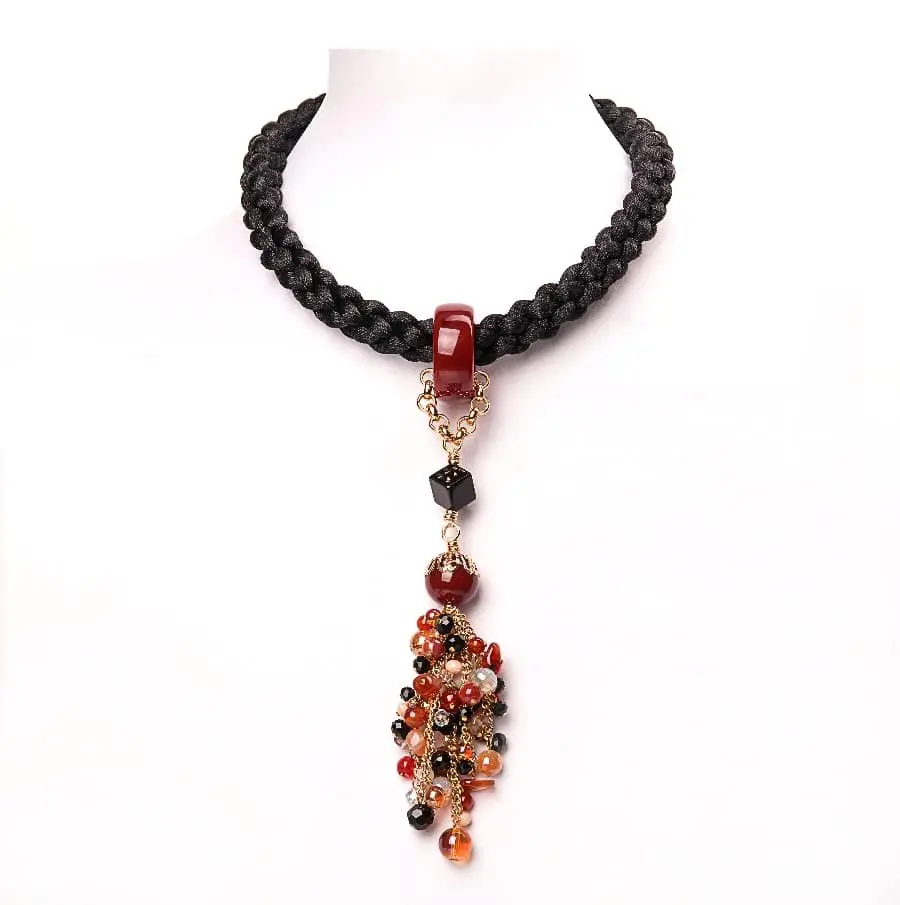 Collier AFRICANA Cordon soie noir et Agate marbrée