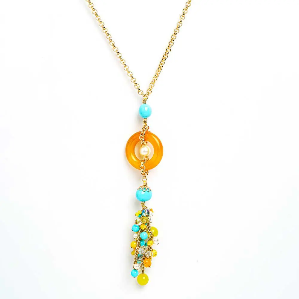 Sautoir POMPONA, Agate miel et Turquoise