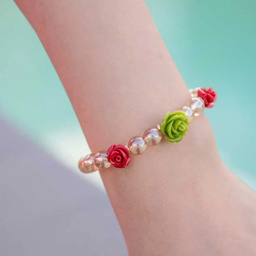 Bracelet en pierre de joie jaune Fleure rouge vert