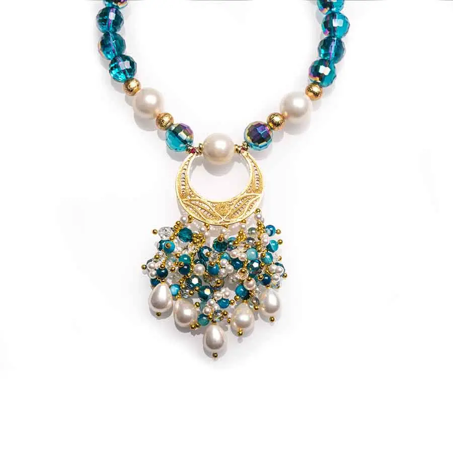 Collier LUNEA, lune en argent filigrane, enfilage perles et cristaux bleu turquoise
