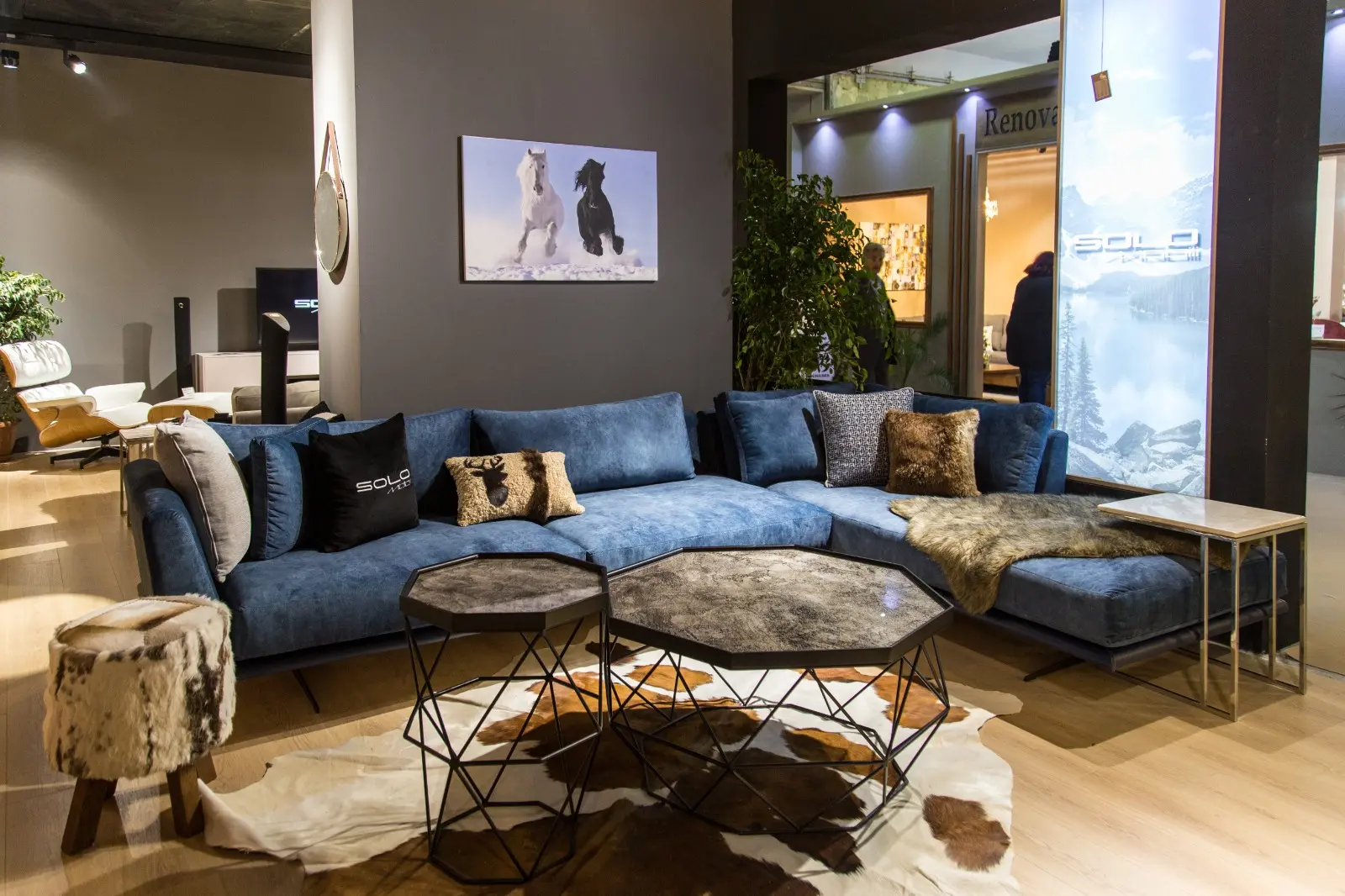 Blue velvet corner sofa