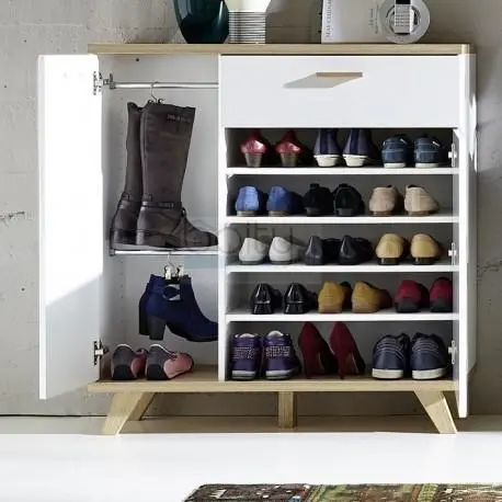 White shoe cabinet with wooden legs