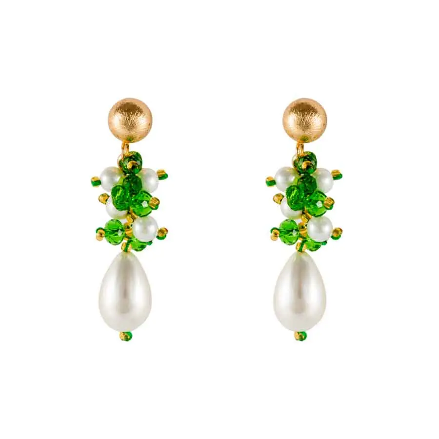 Boucles d'oreilles, LUNEA, cristaux verts et perles gouttes