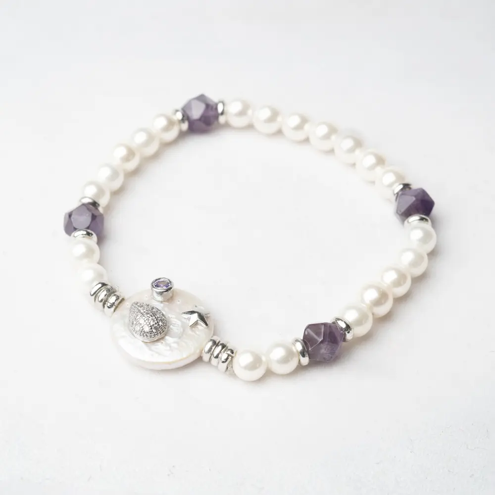 Bracelet NOELLA – Perles Améthyste & Nacre | Bijou Femme