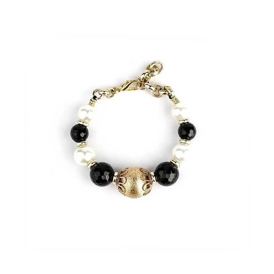 Bracelet ROMANCIA en perles onyx et boule dorée