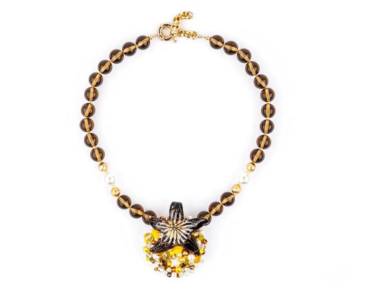 Collier ETOILE DE MER broderie de perles et cristal Jaune