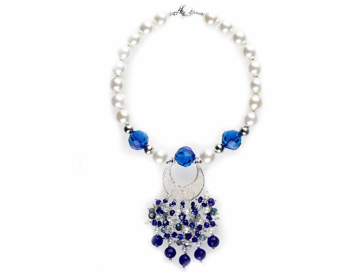 Collier, LUNEA, lune en argent filigrane, enfilage perles et cristaux bleus