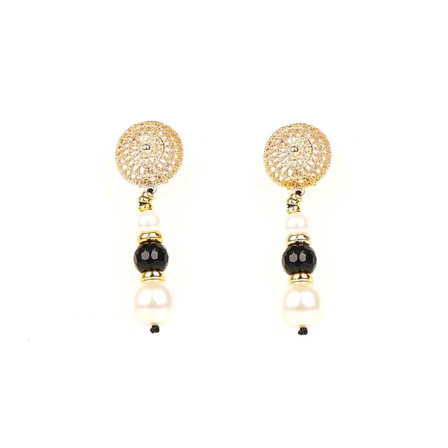 Boucles d'oreilles ROMANCIA onyx perles, et boules dorées
