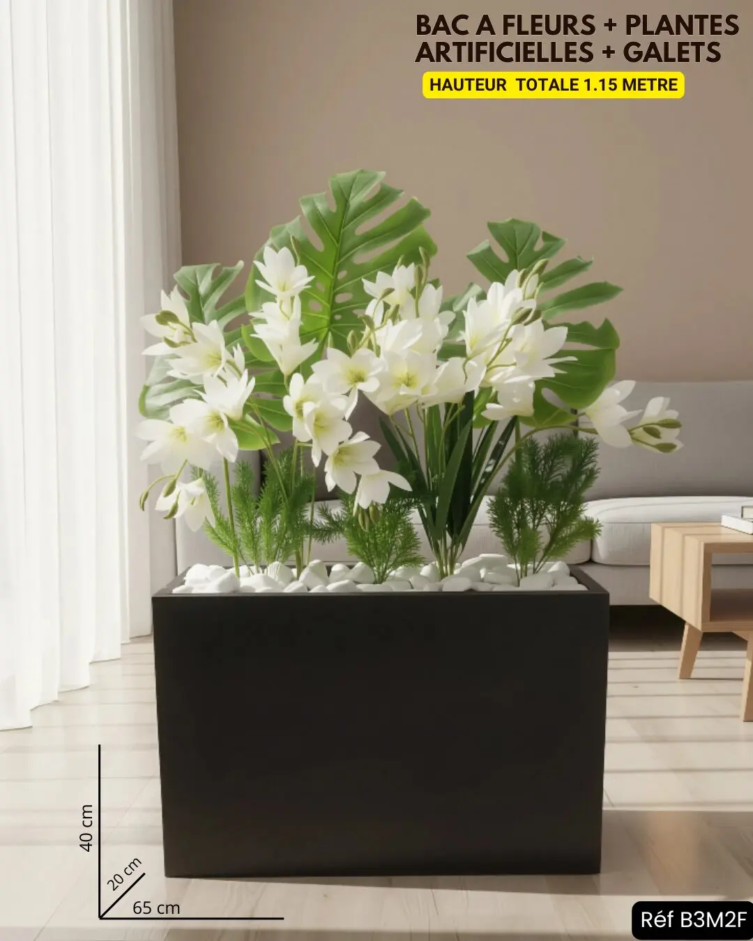 Bac à Fleurs Noir avec Lys & Monstera (1.15m) : Jardinière Design