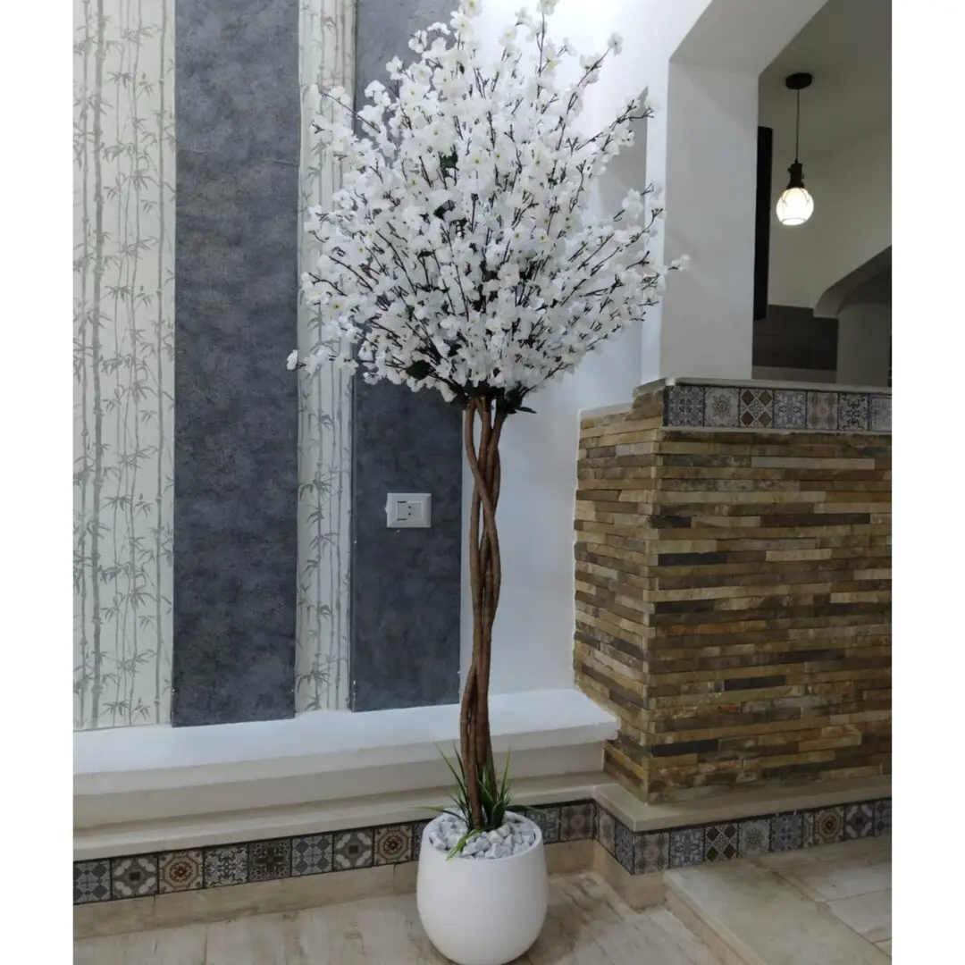 Grand cerisier artificiel Fleur blanche avec pot en céramique blanc – hauteur 2.1 mètres – FLW4