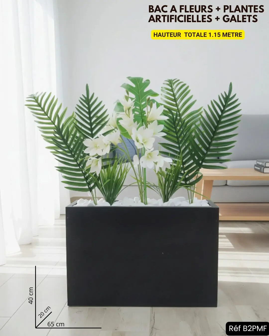 Jardinière Design « Oasis Moderne » – Bac Noir, Palmes & Lys (1.15m)