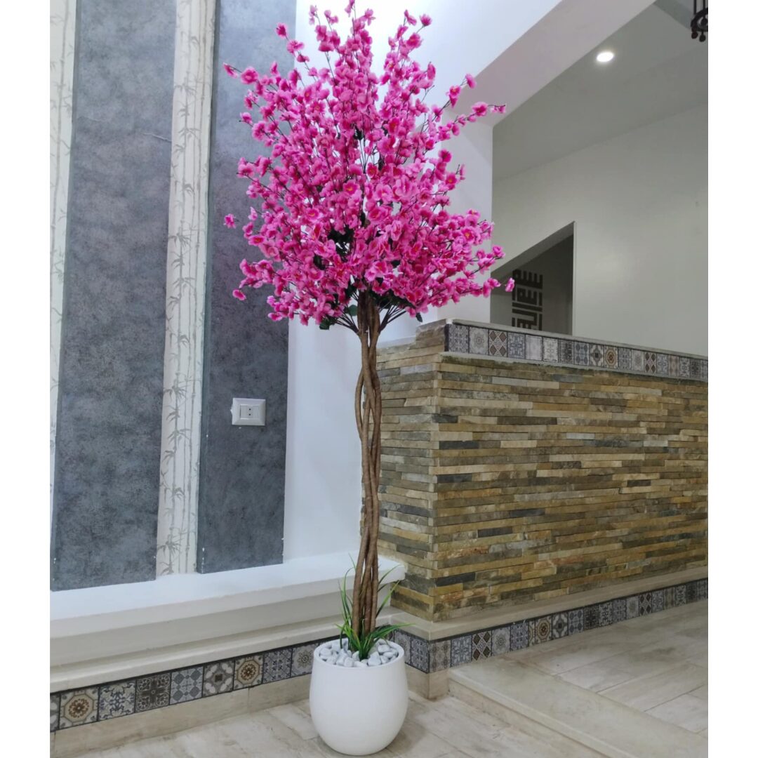 Large Artificial Cherry Blossom Tree with Pink Flowers in White Ceramic Pot